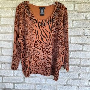 Ladies XXL animal print brown sweater with black design.  Also jeweled neckline